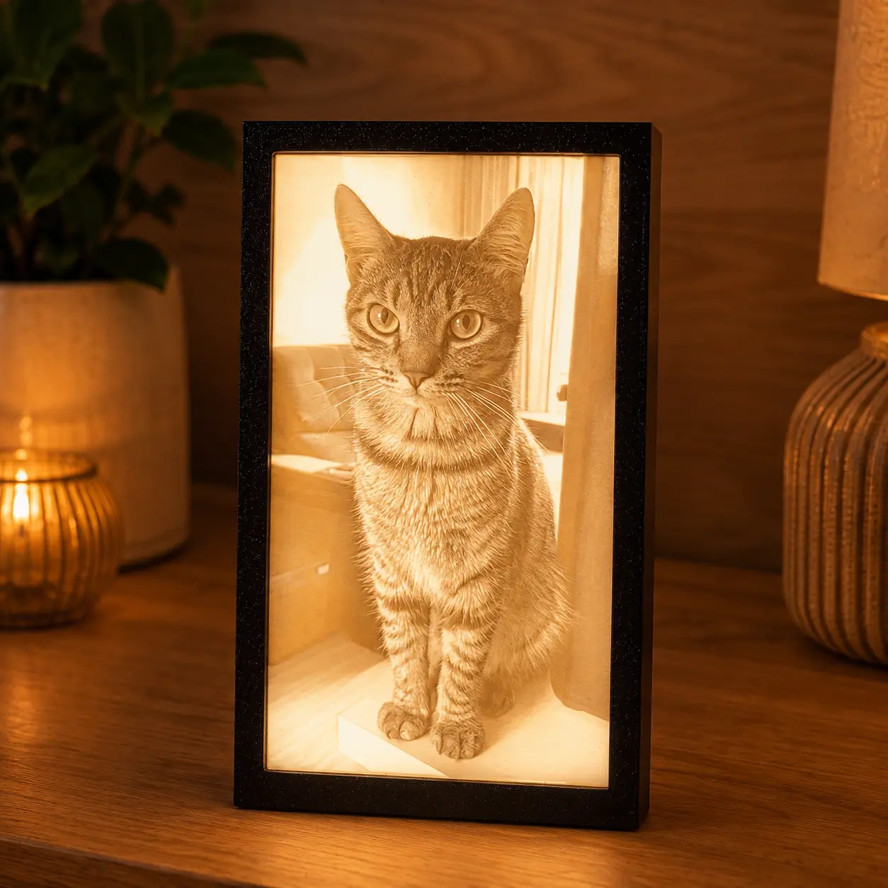 Luminária litofane retrato com foto de gato