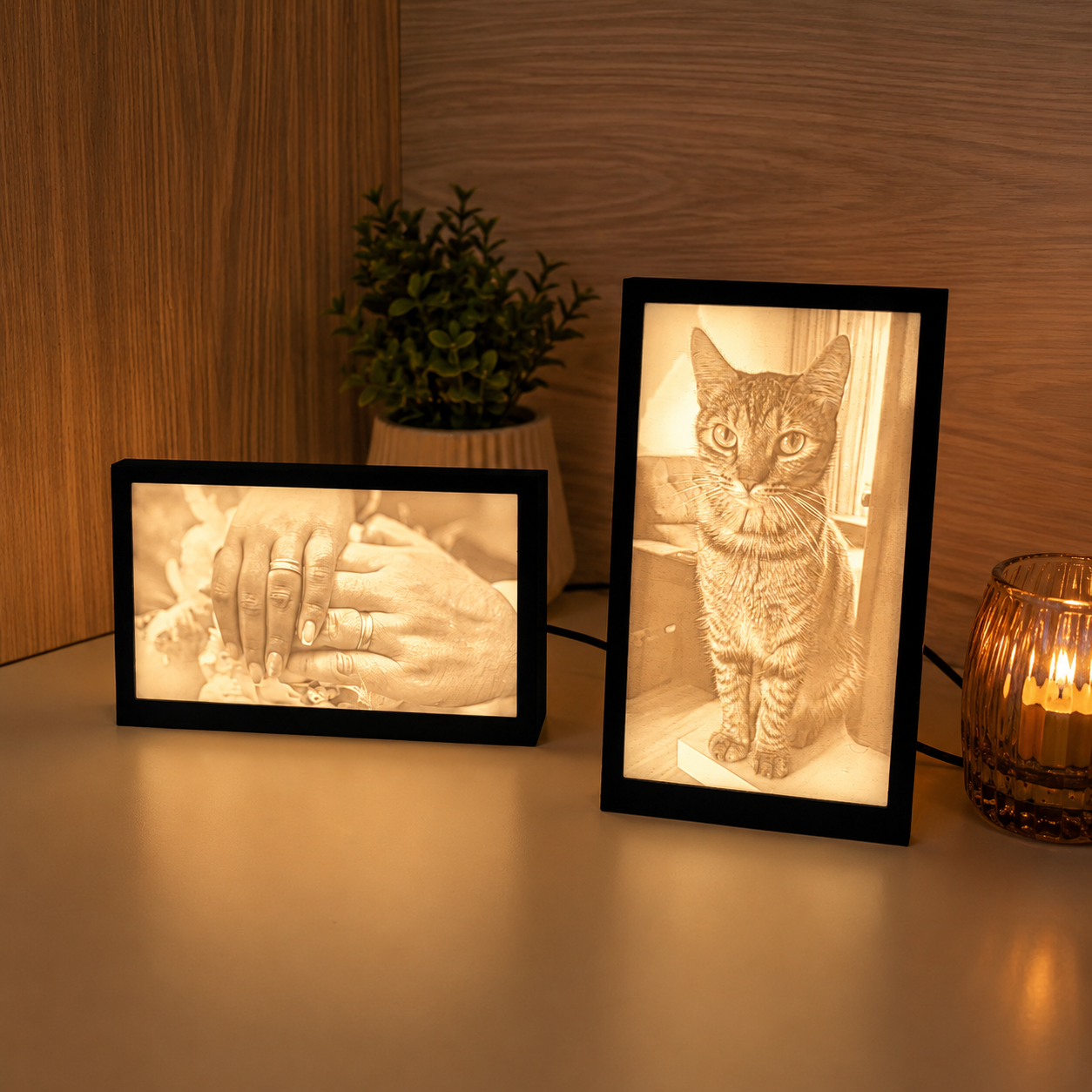 Duas luminárias litofane acesas: paisagem com mãos e retrato de gato